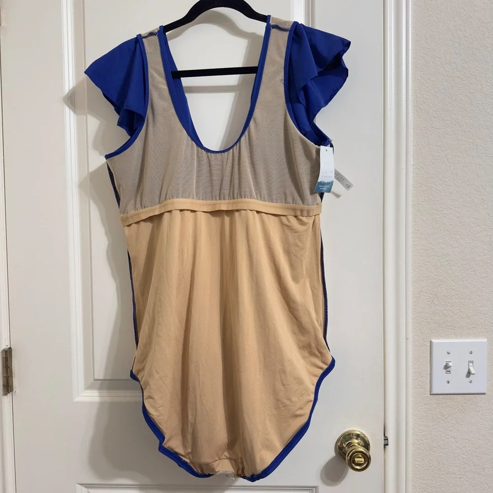 $98 New‎ Cacique Women Royal Blue Ruffle Sleeve Swim Dress One Piece Size 22